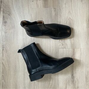 Black leather square toe ankle boots